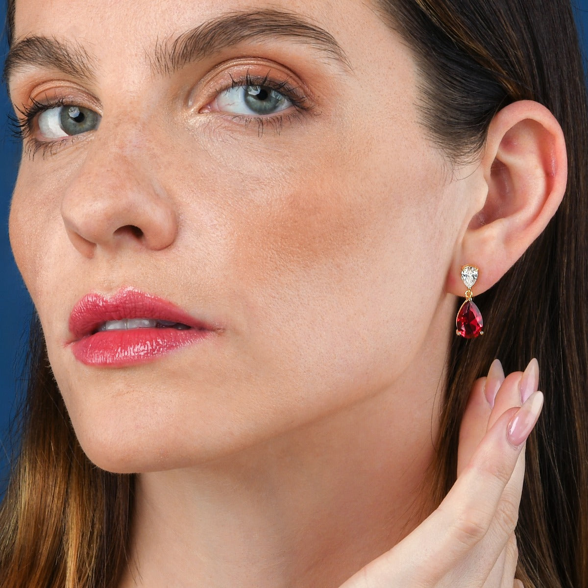 Gold Plated Sterling Silver Pear Shaped Red Drop Earrings