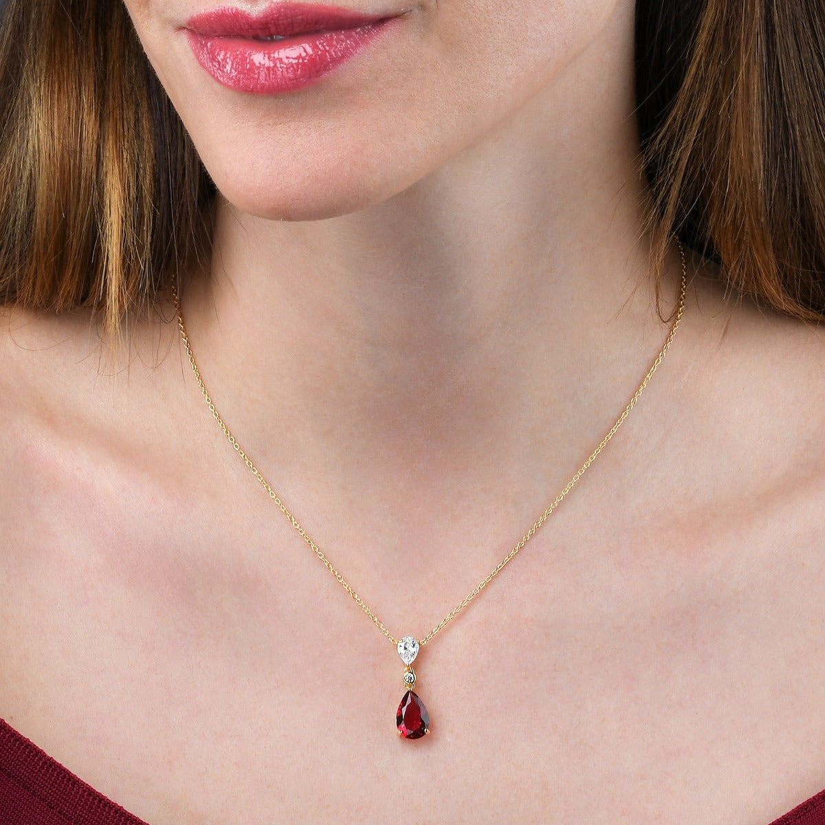 Gold Plated Sterling Silver Red Drop Pendant Necklace