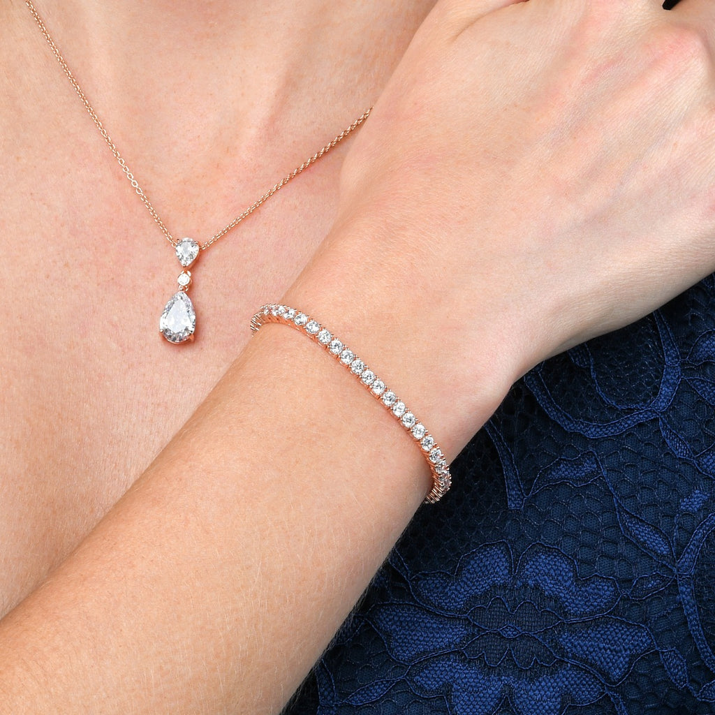 Rose Gold Plated Sterling Silver Tennis Bracelet 3mm White Cubic Zirconia