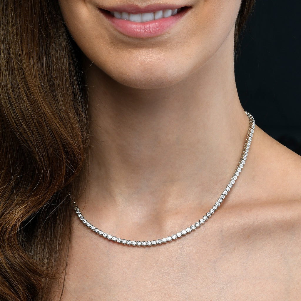 Bezel Set Tennis Necklace Sterling Silver with Cubic Zirconia Stones