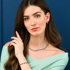 Sterling Silver Tennis Necklace With Blue & White Cubic Zirconia