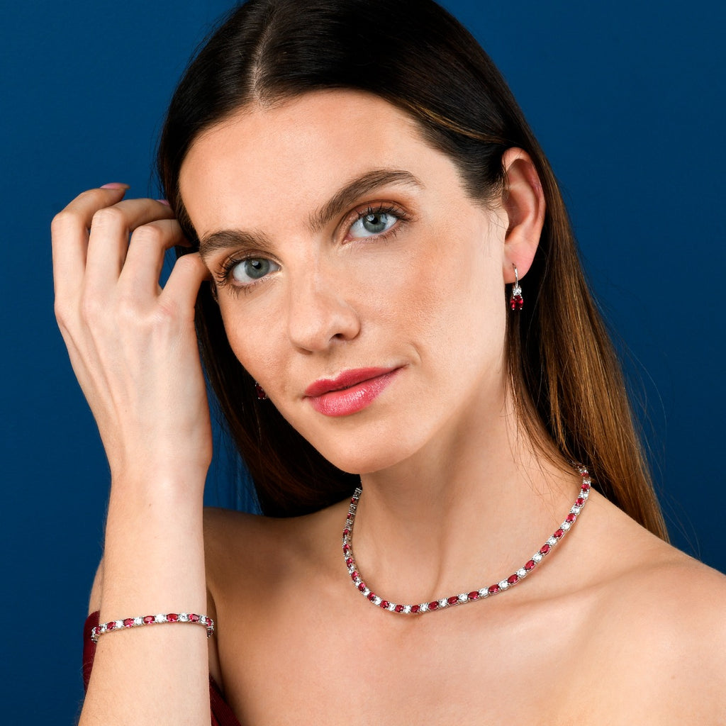 Sterling Silver Tennis Necklace With Red & White Cubic Zirconia