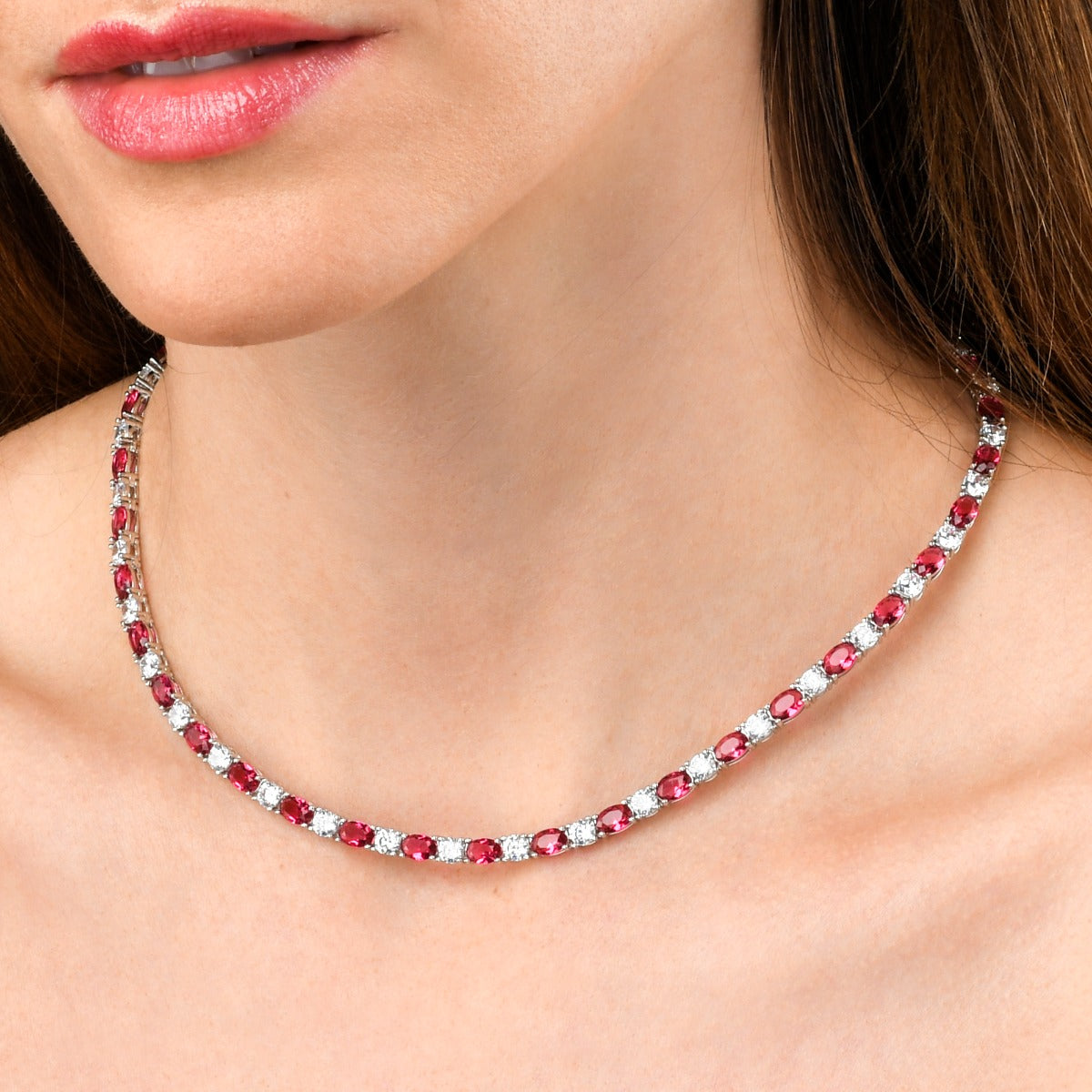 Sterling Silver Tennis Necklace With Red & White Cubic Zirconia