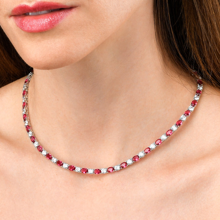 Sterling Silver Tennis Necklace With Red & White Cubic Zirconia
