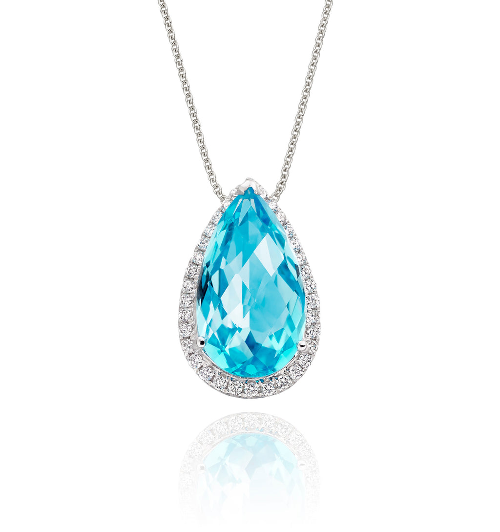 8mm x 13mm Blue Topaz with 0.17ct Diamond pendant in 9K white gold