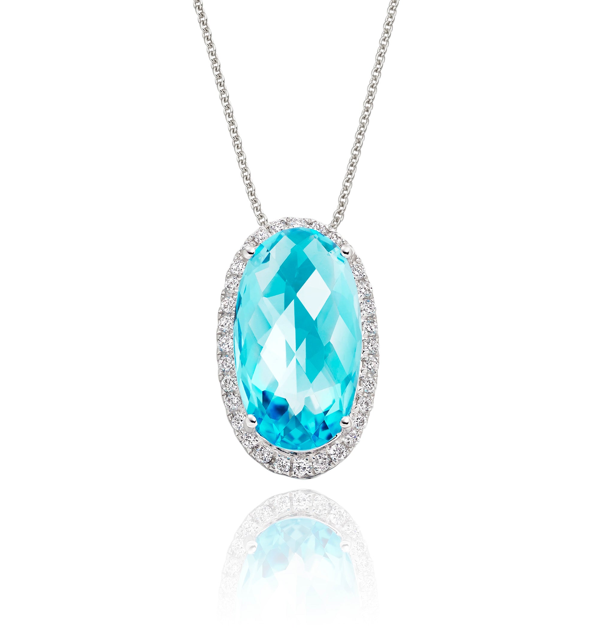 8mm x 14mm Blue Topaz with 0.16ct Diamond pendant in 9K white gold