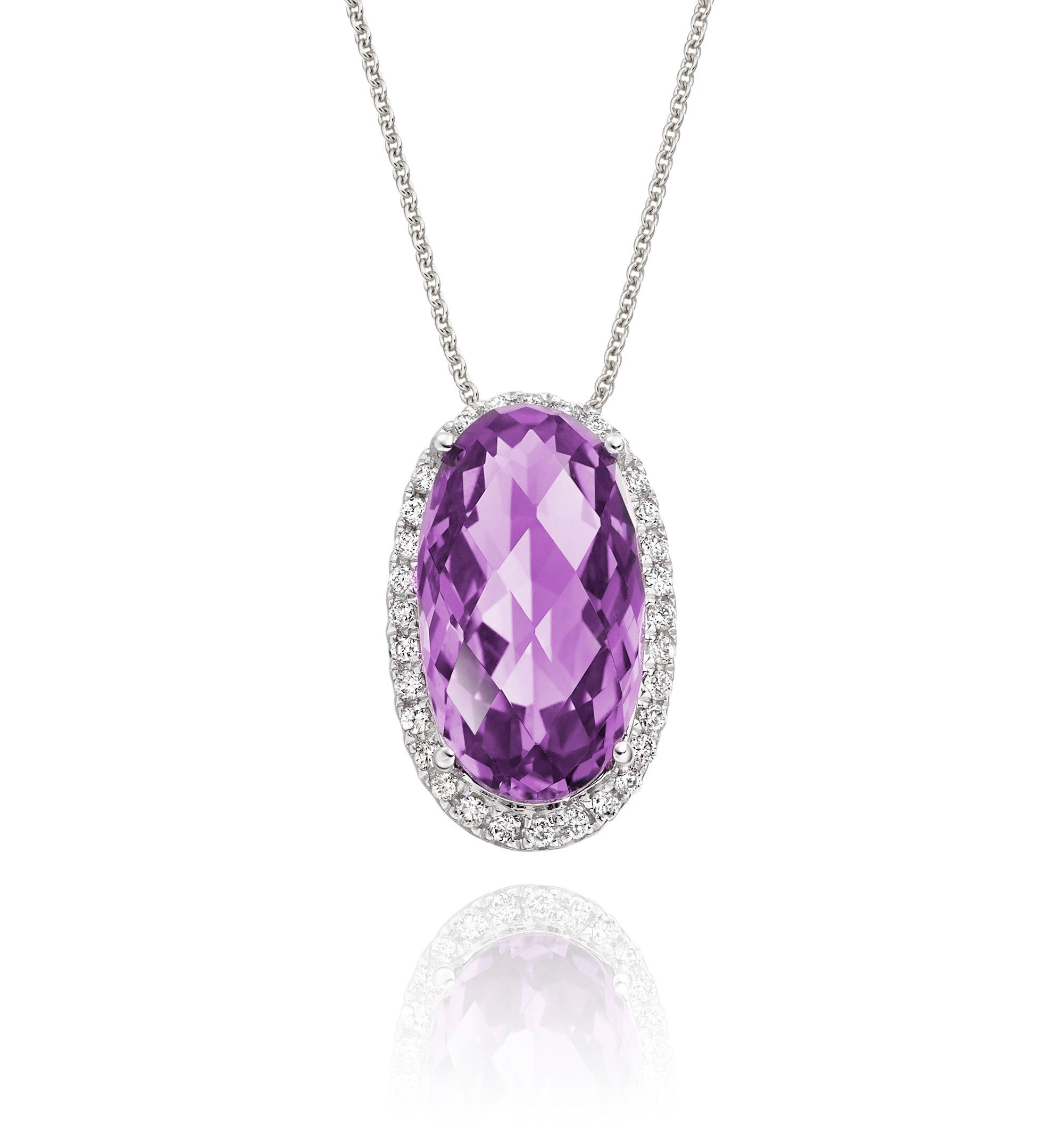 8mm x 14mm Amethyst with 0.16ct Diamond pendant in 9K white gold