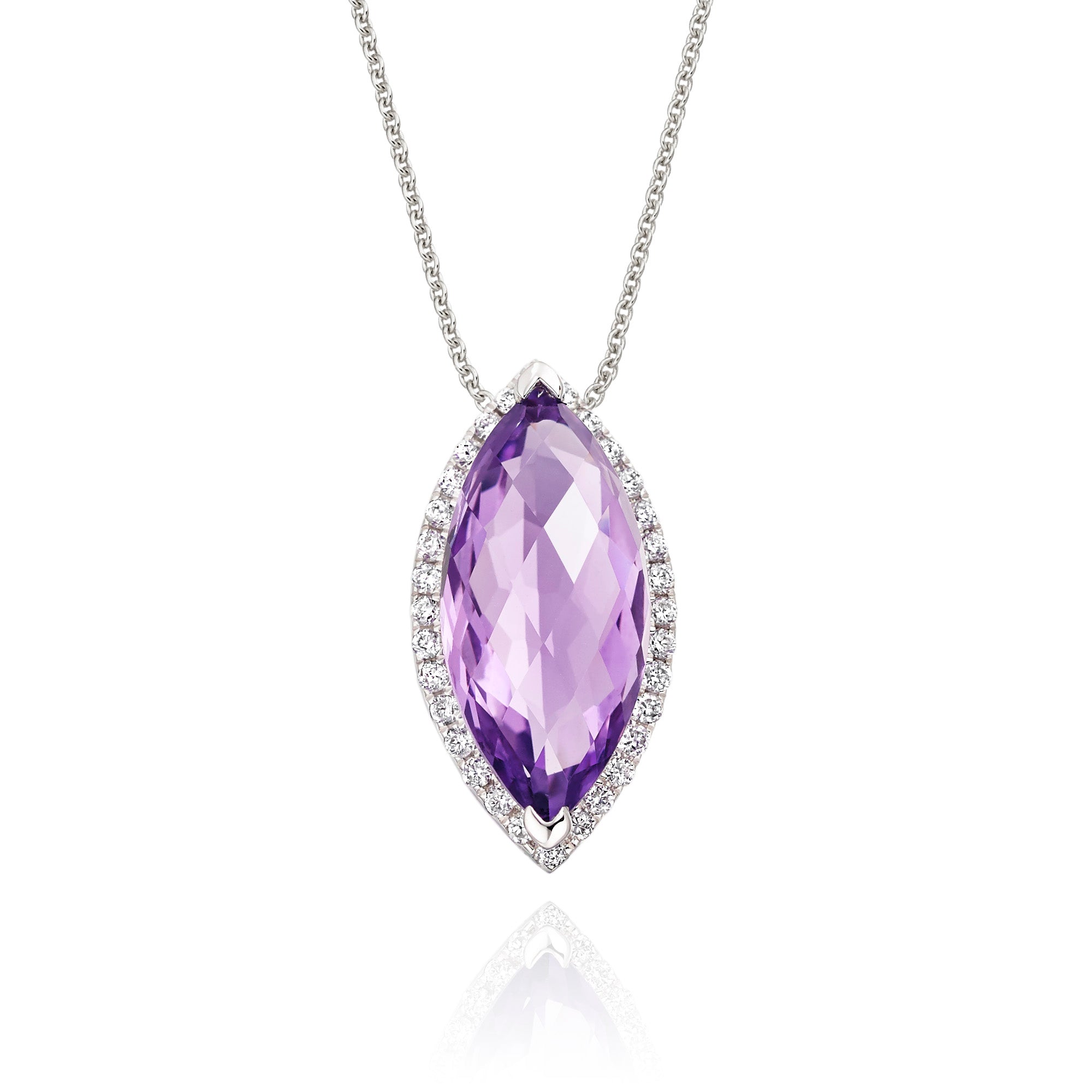 7mm x 14mm Amethyst with 0.16ct Diamond pendant in 9K white gold