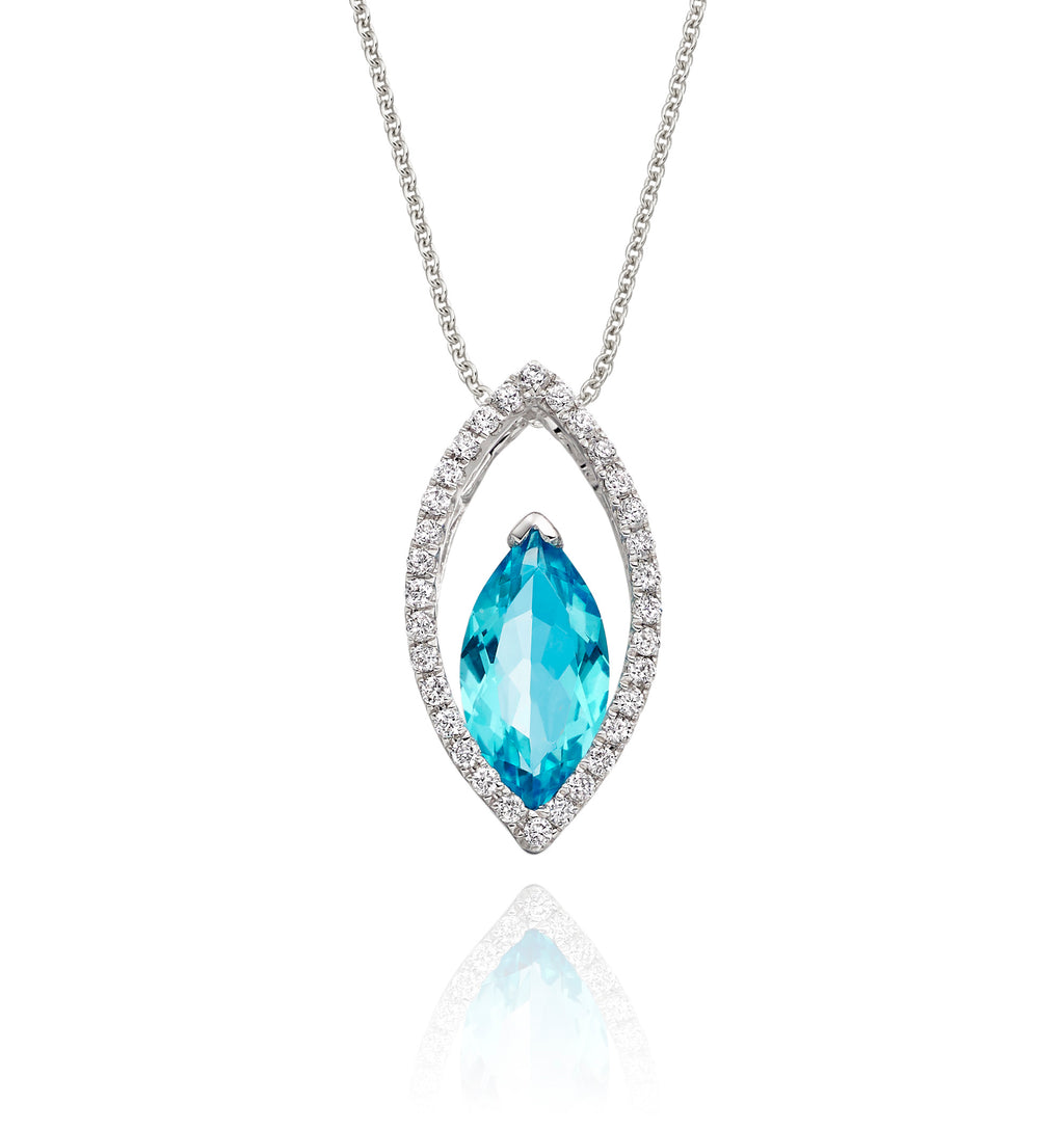 5mm x 10mm Blue Topaz with 0.16ct Diamond pendant in 9K white gold