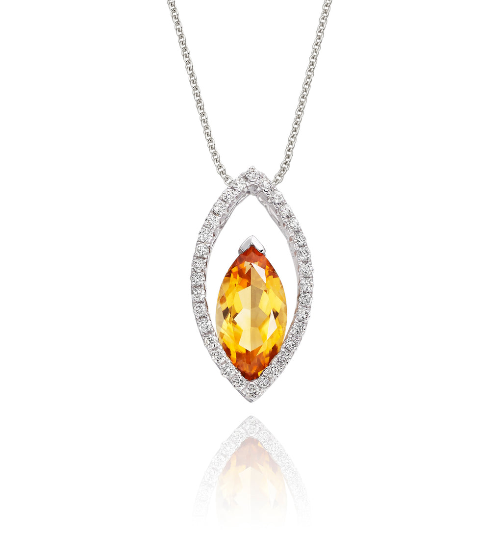 1.00ct Citrine Pendant Necklace With Diamond Halo 18K White Gold