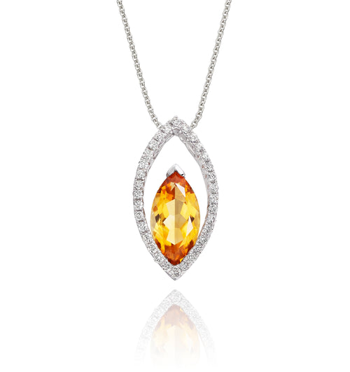 1.00ct Citrine Pendant Necklace With Diamond Halo 18K White Gold