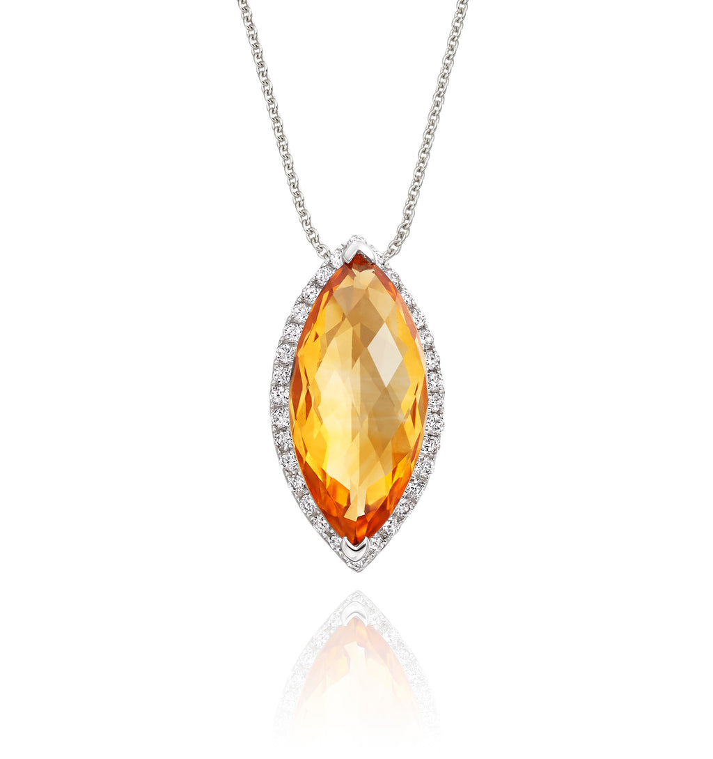 3.00ct Marquise Citrine Pendant Necklace With Diamonds 18K White Gold