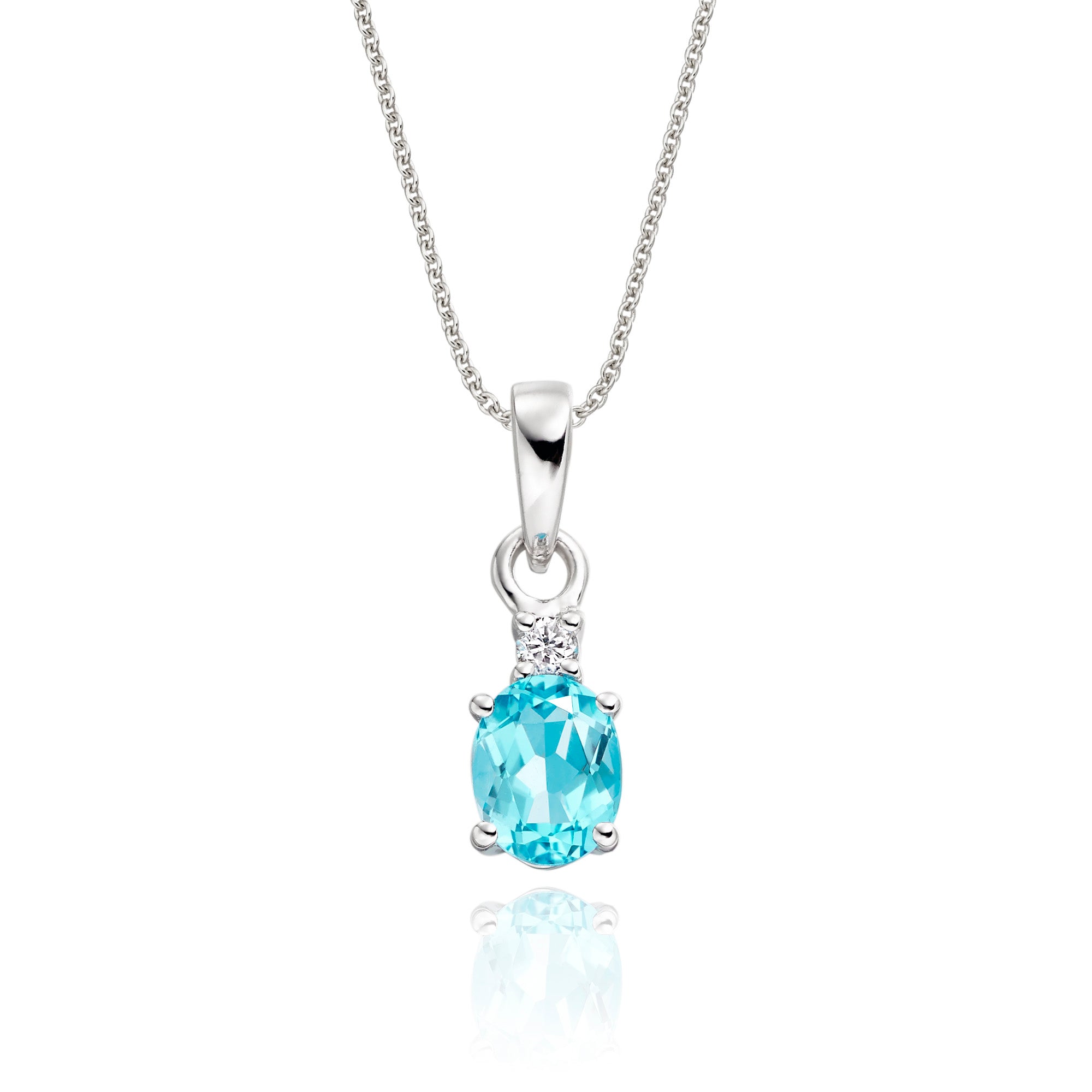 5mm x 7mm Blue Topaz with 0.04ct Diamond pendant in 9K white gold