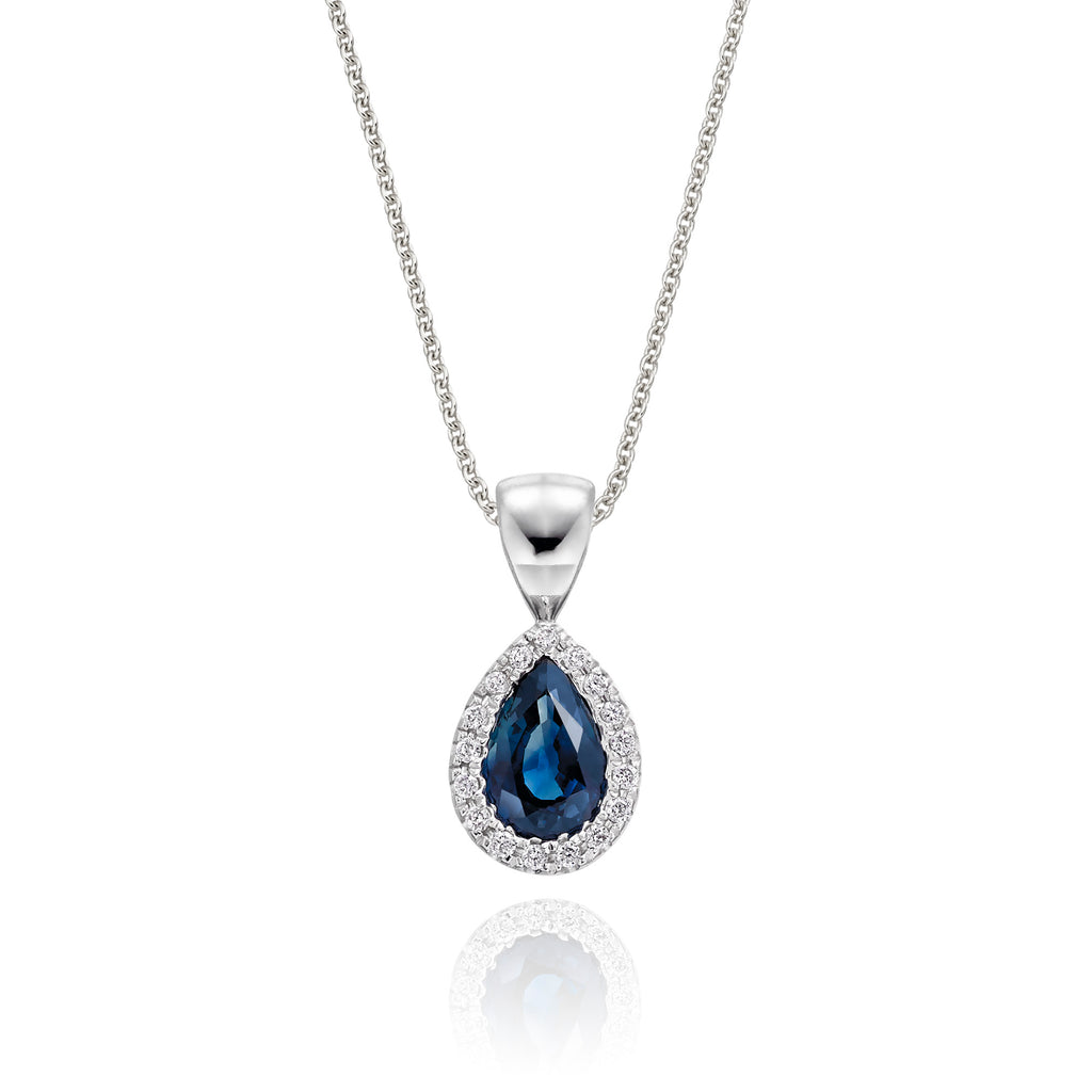 4mm x 6mm Blue Sapphire and 0.05ct Diamond pendant in 9K white gold