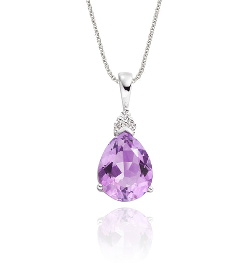 8mm x 10mm Pear Amethyst with 0.05ct Diamond pendant in 9K white gold