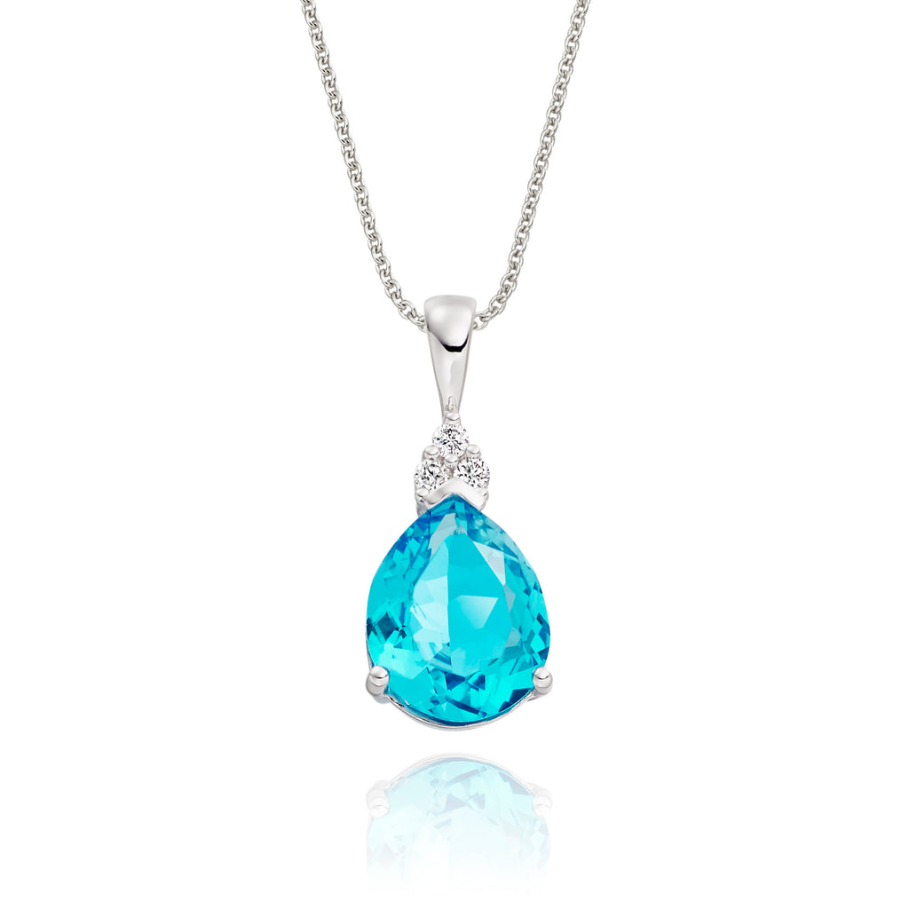 8mm x 10mm Pear Blue Topaz with 0.05ct Diamond pendant in 9K white gold