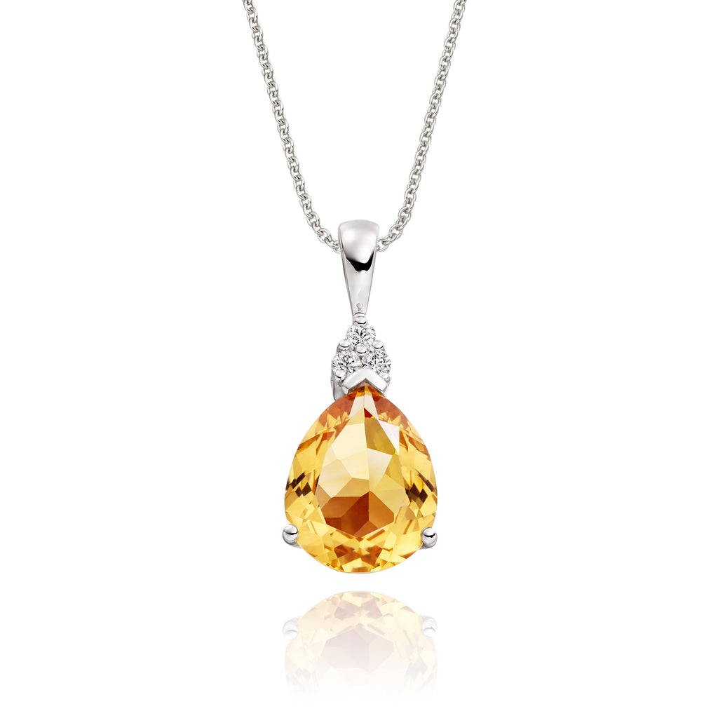 8mm x 10mm Pear Citrine with 0.05ct Diamond pendant in 9K white gold