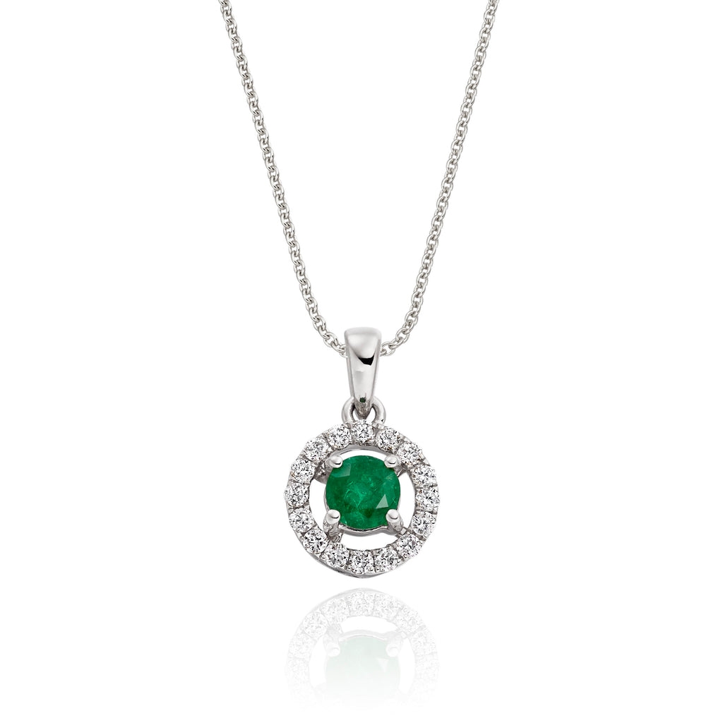 4mm Emerald and 0.14ct Diamond pendant in 9K white gold