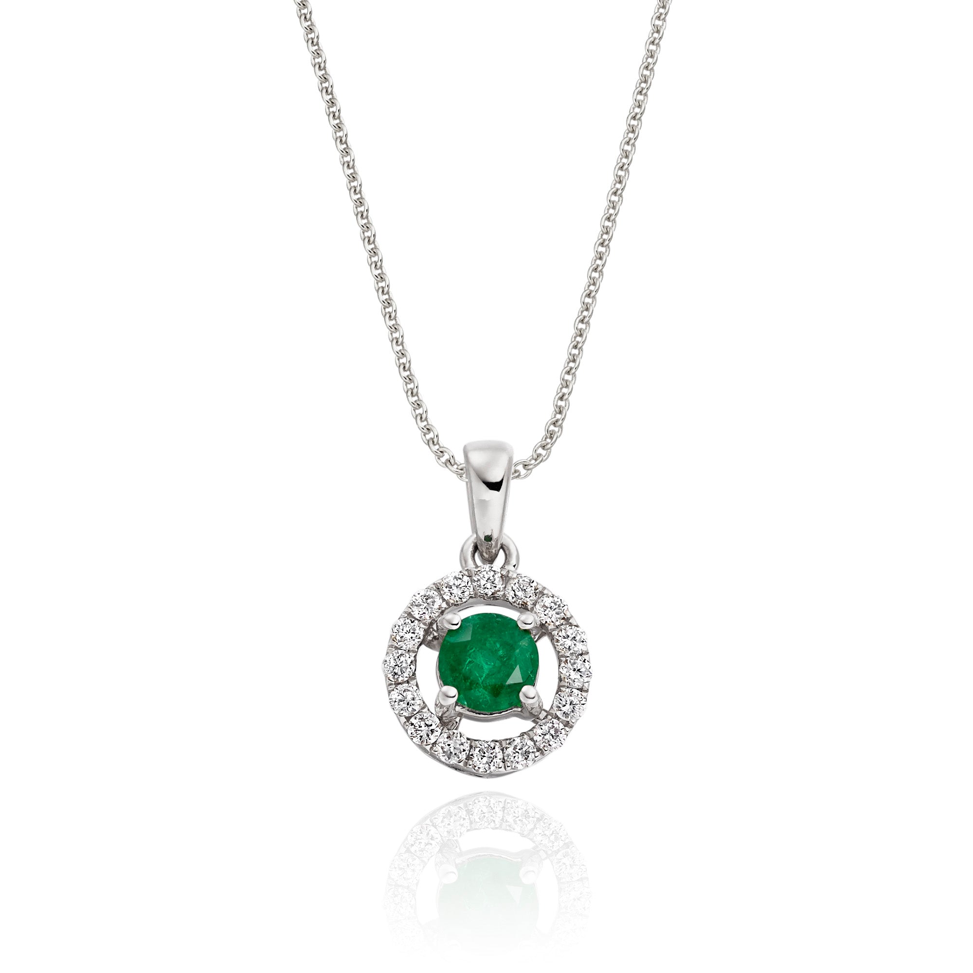4mm Emerald and 0.14ct Diamond pendant in 18K white gold 