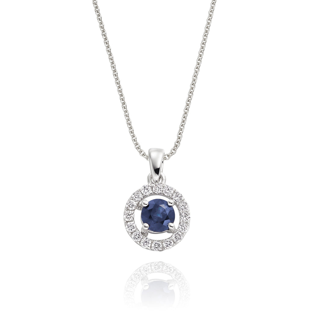4mm Blue Sapphire and 0.14ct Diamond pendant in 18K white gold