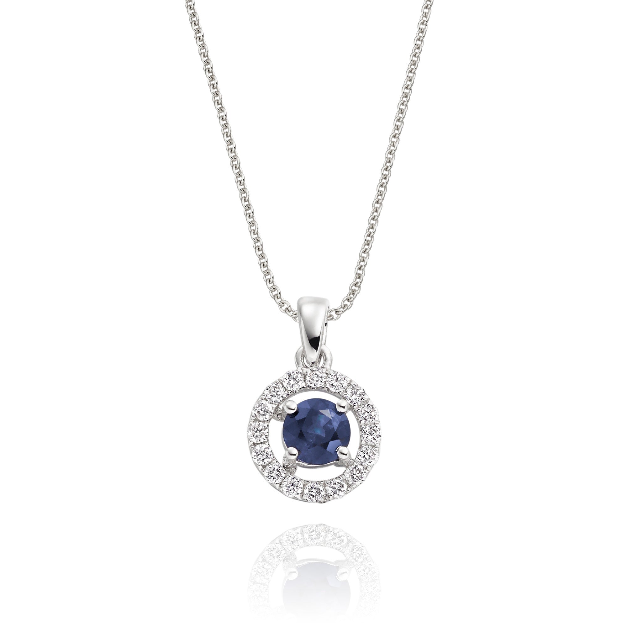 4mm Blue Sapphire and 0.14ct Diamond pendant in 18K white gold