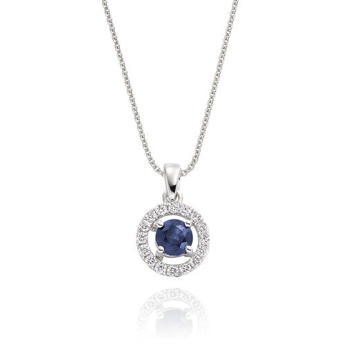 4mm Blue Sapphire and 0.14ct Diamond pendant in 18K white gold