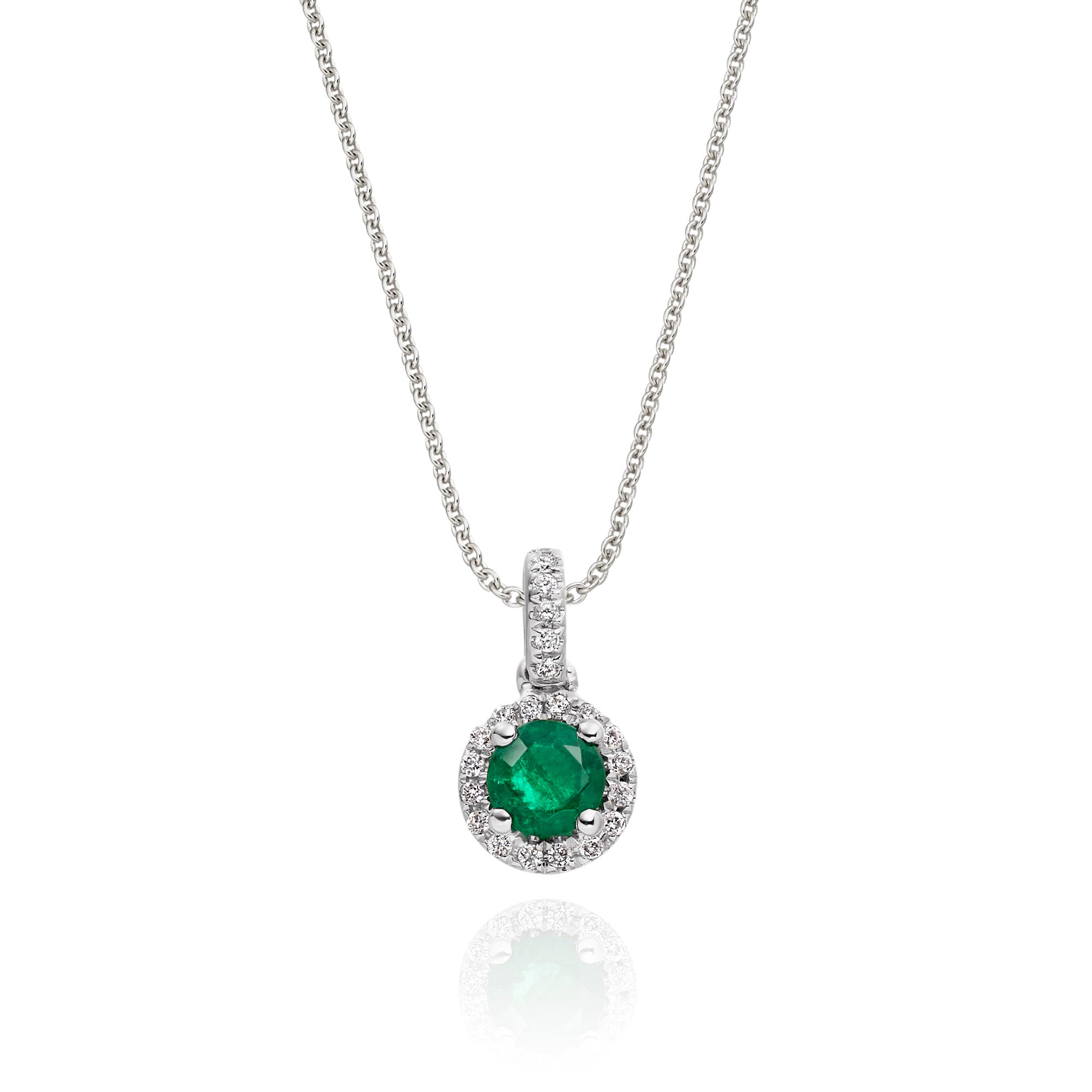 4mm Emerald and 0.07ct Diamond pendant in 9K white gold