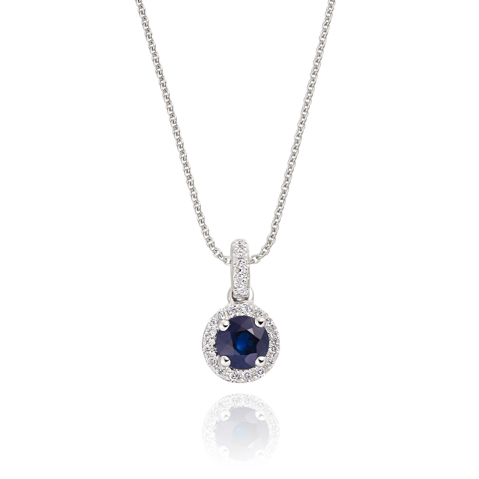 4mm Blue Sapphire and 0.07ct Diamond pendant in 9K white gold 