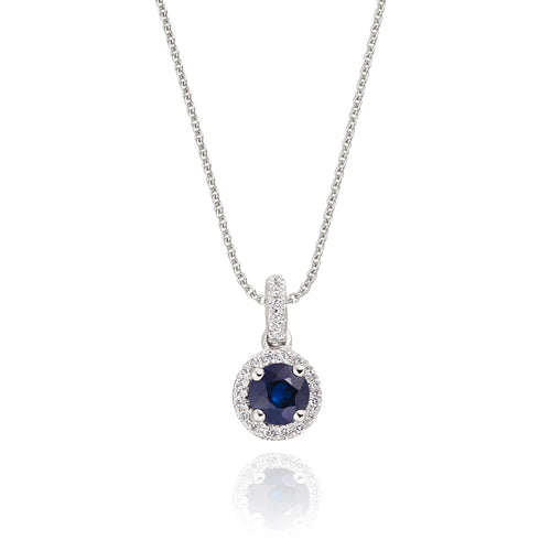4mm Blue Sapphire and 0.07ct Diamond pendant in 9K white gold 