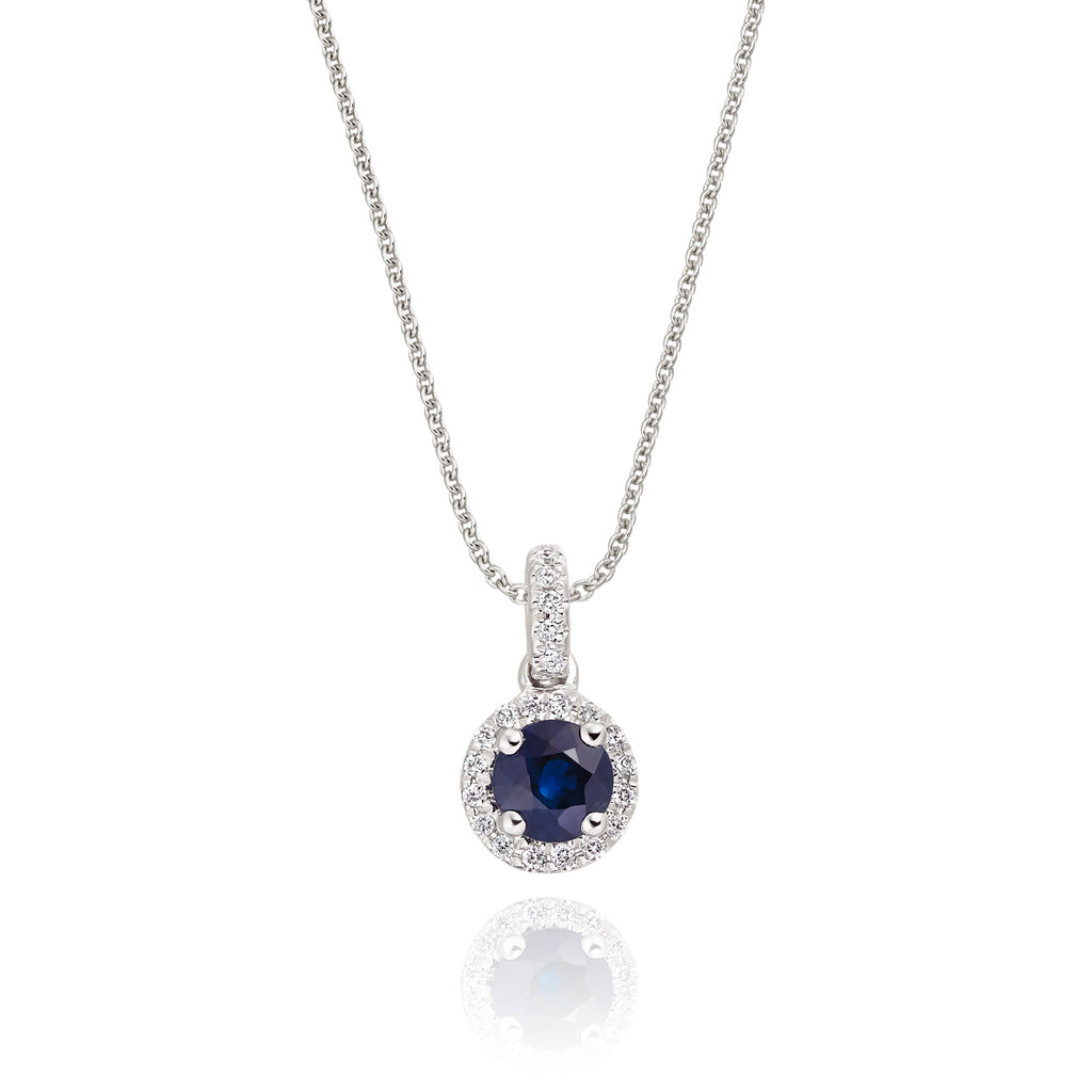 4mm Blue Sapphire and 0.07ct Diamond pendant in 18K white gold