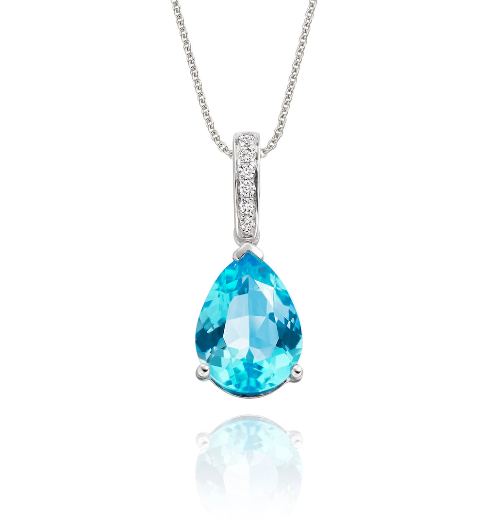 8mm x 12mm Blue Topaz with 0.05ct Diamond pendant in 9K white gold