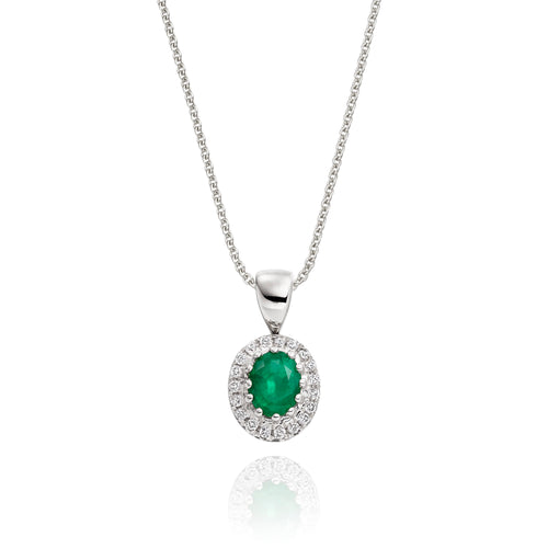 3mm x 5mm Emerald and 0.05ct Diamond pendant in 9K white gold