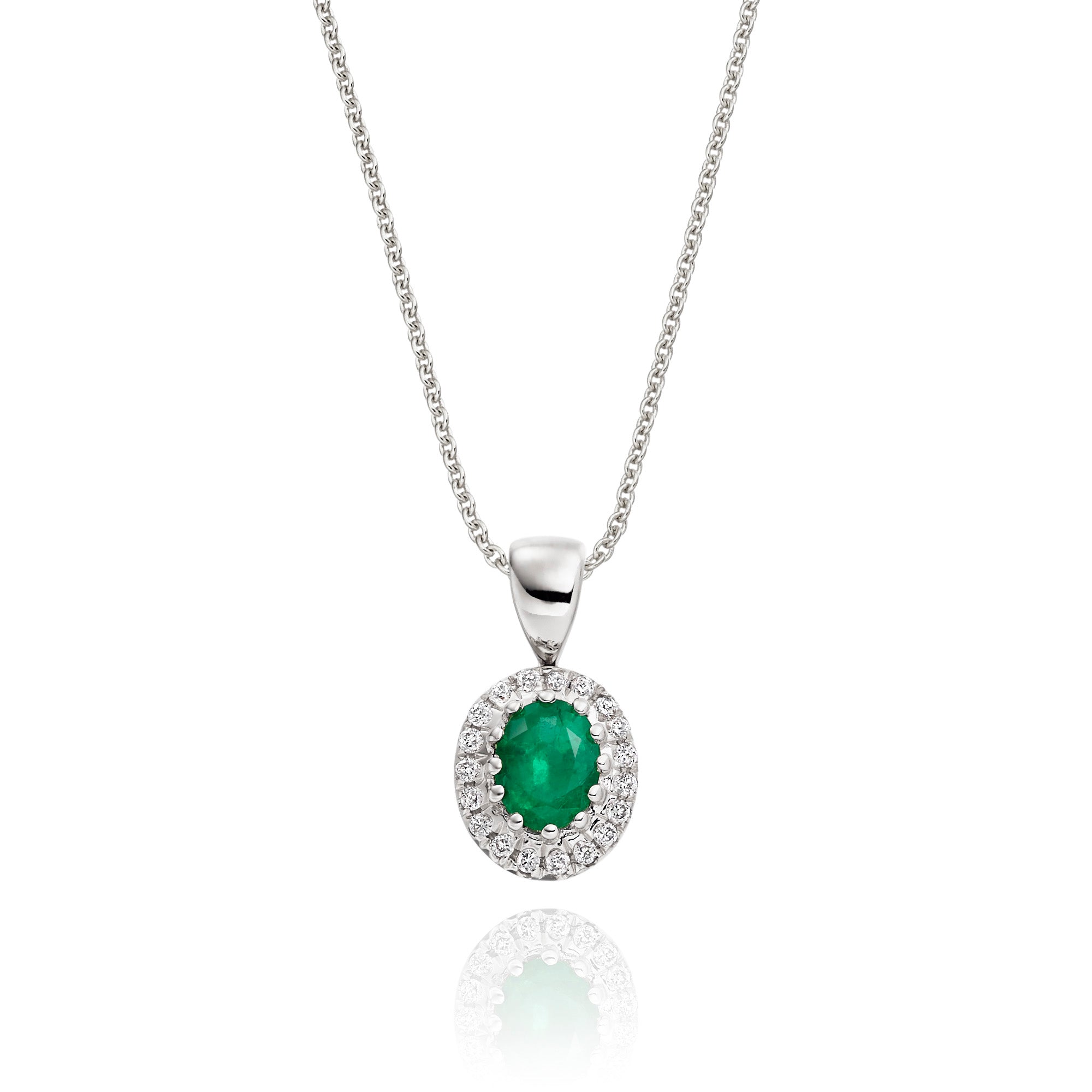 3mm x 5mm Emerald and 0.05ct Diamond pendant in 18K white gold