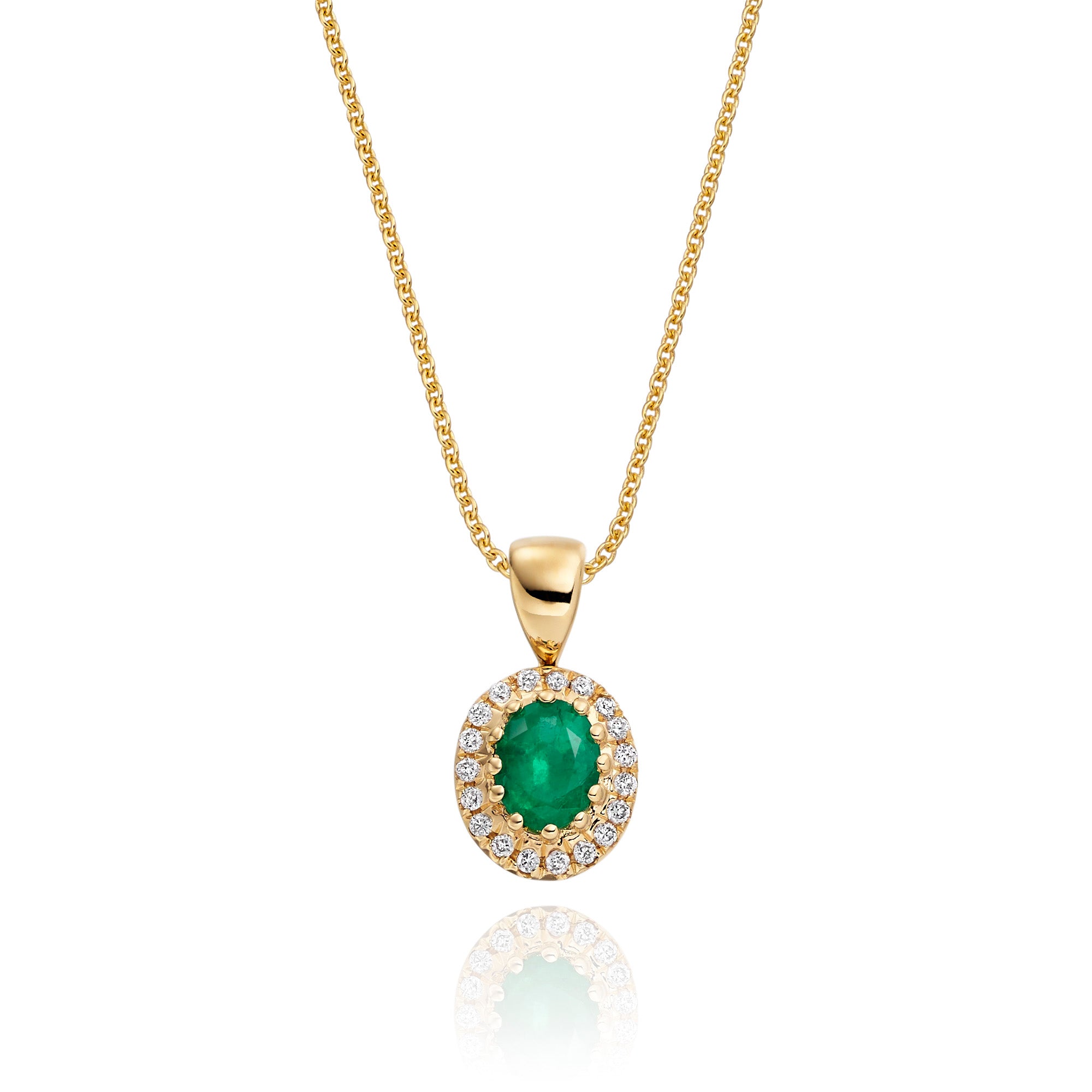 3mm x 5mm Emerald and 0.05ct Diamond pendant in 9K yellow gold