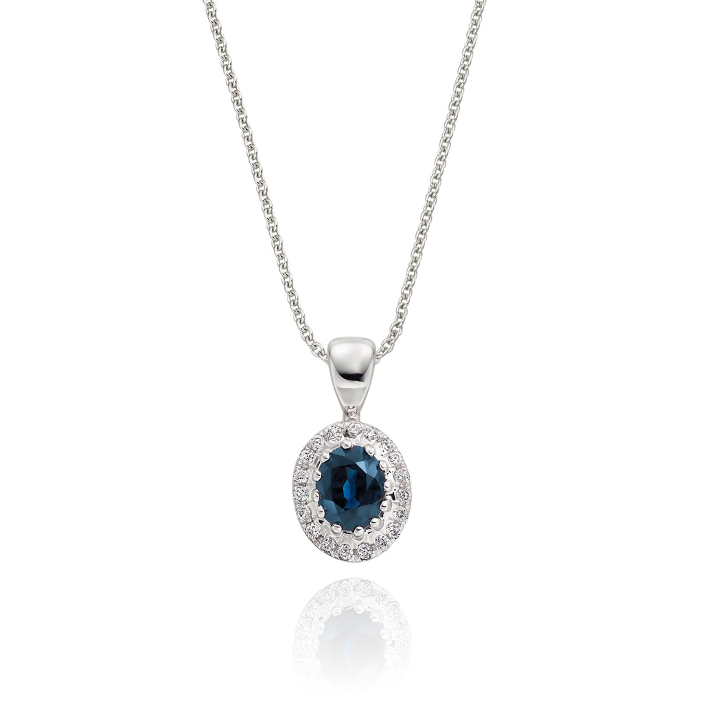 0.40ct Blue Sapphire Pendant Necklace 0.05ct Diamond 9K White Gold