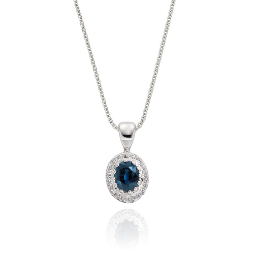 0.40ct Blue Sapphire Pendant Necklace 0.05ct Diamond 18K White Gold