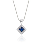 3mm x 3mm Blue Sapphire and 0.06ct Diamond pendant in 18K white gold