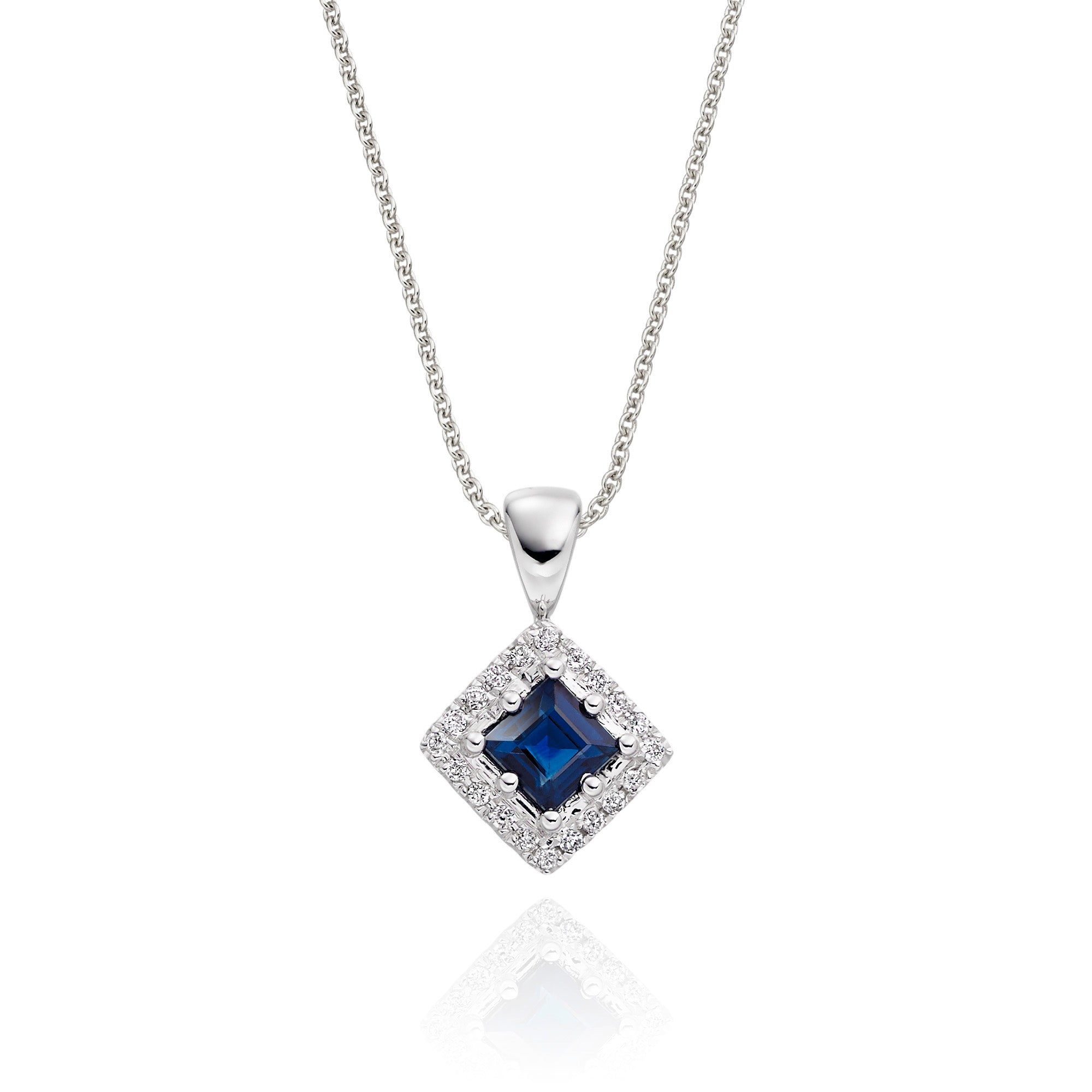 3mm x 3mm Blue Sapphire and 0.06ct Diamond pendant in 18K white gold