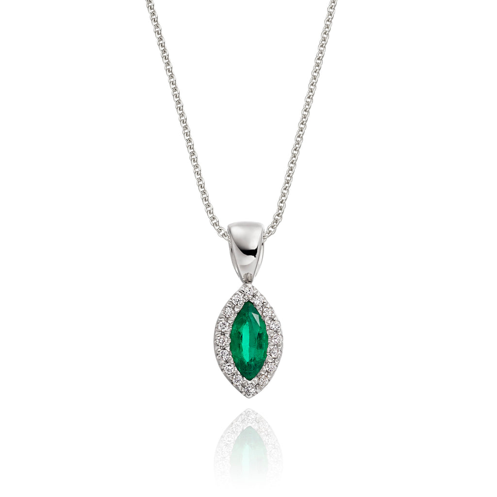 3mm x 6mm Emerald and 0.05ct Diamond pendant in 9K white gold