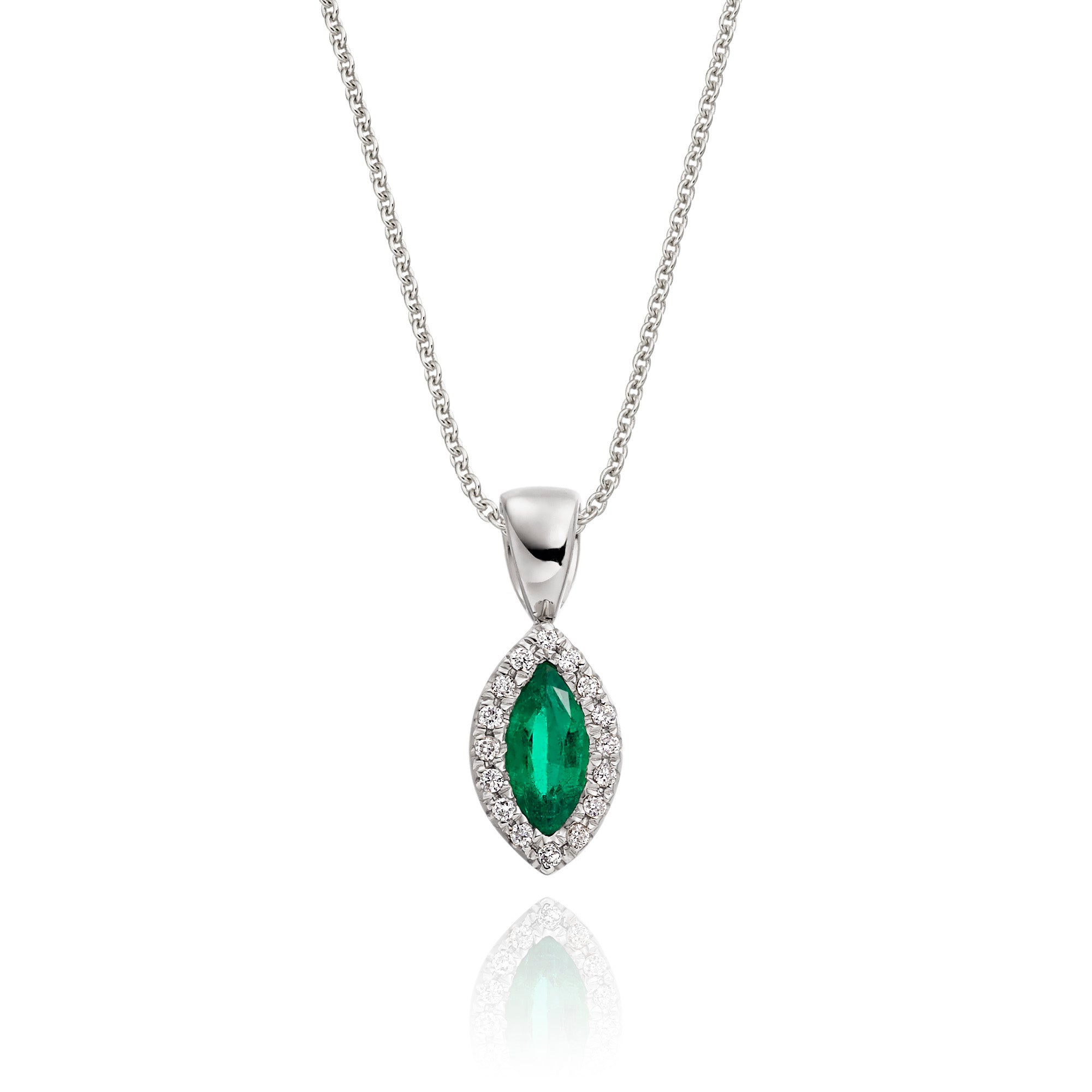 3mm x 6mm Emerald and 0.05ct Diamond pendant in 9K white gold