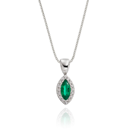 3mm x 6mm Emerald and 0.05ct Diamond pendant in 9K white gold
