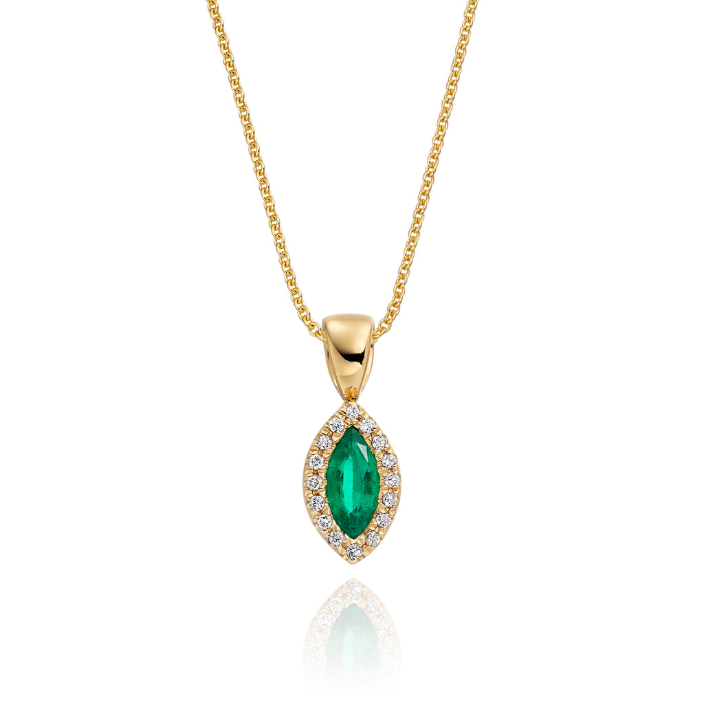 3mm x 6mm Emerald and 0.05ct Diamond pendant in 9K yellow gold