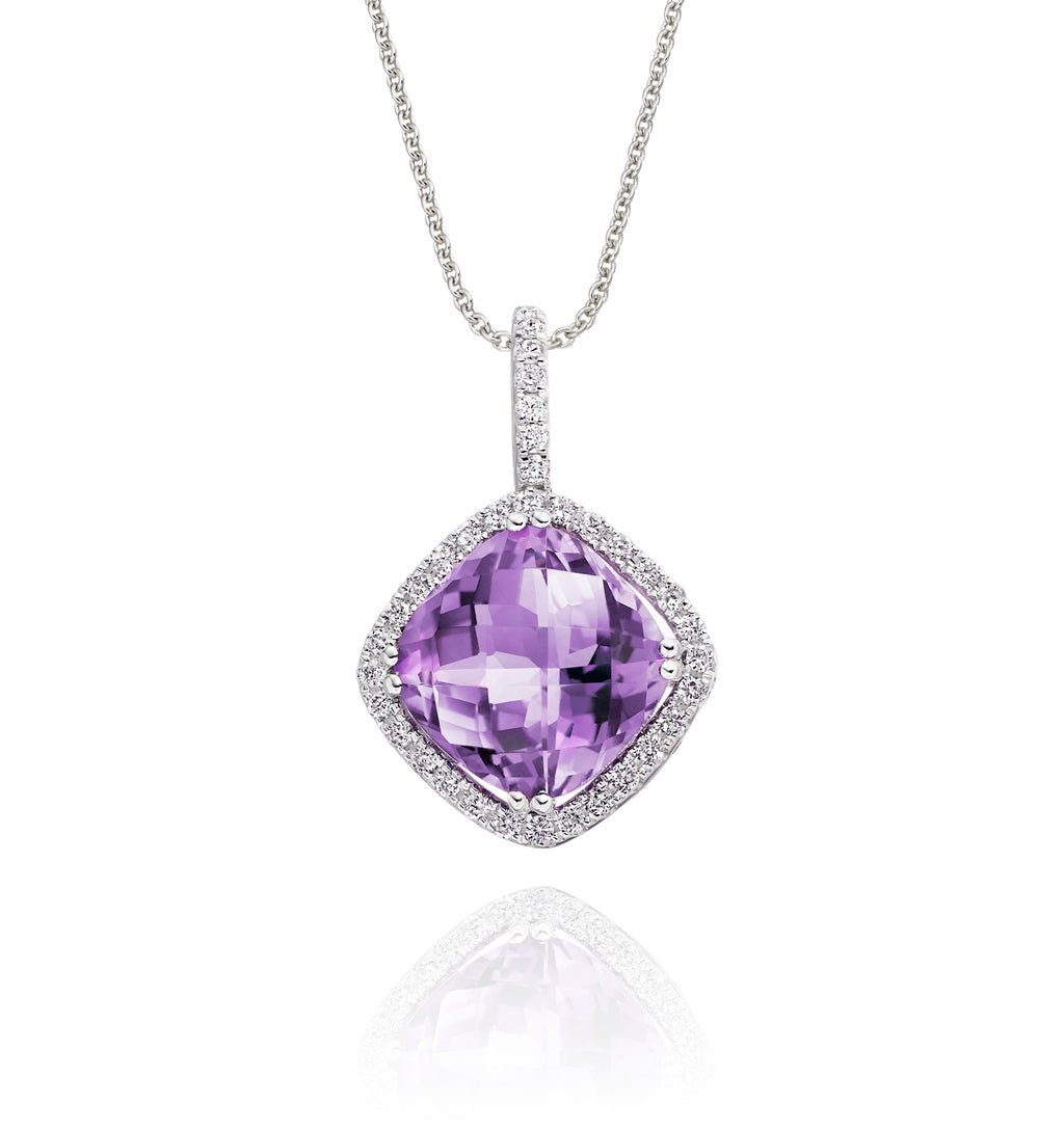 8mm x 8mm Amethyst with 0.14ct Diamond pendant in 9K white gold