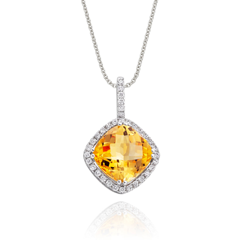 8mm x 8mm Citrine with 0.14ct Diamond pendant in 18K white gold