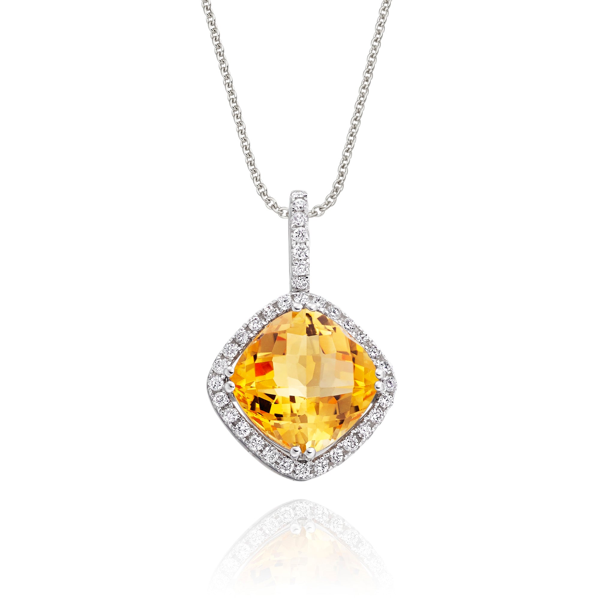 8mm x 8mm Citrine with 0.14ct Diamond pendant in 18K white gold