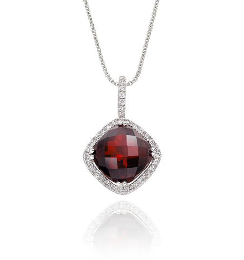 8mm x 8mm Garnet with 0.14ct Diamond pendant in 9K white gold