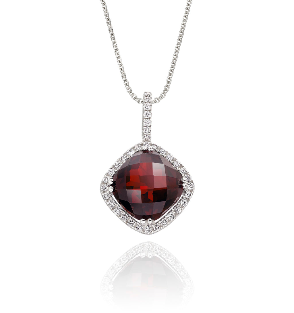 8mm x 8mm Garnet with 0.14ct Diamond pendant in 18K white gold