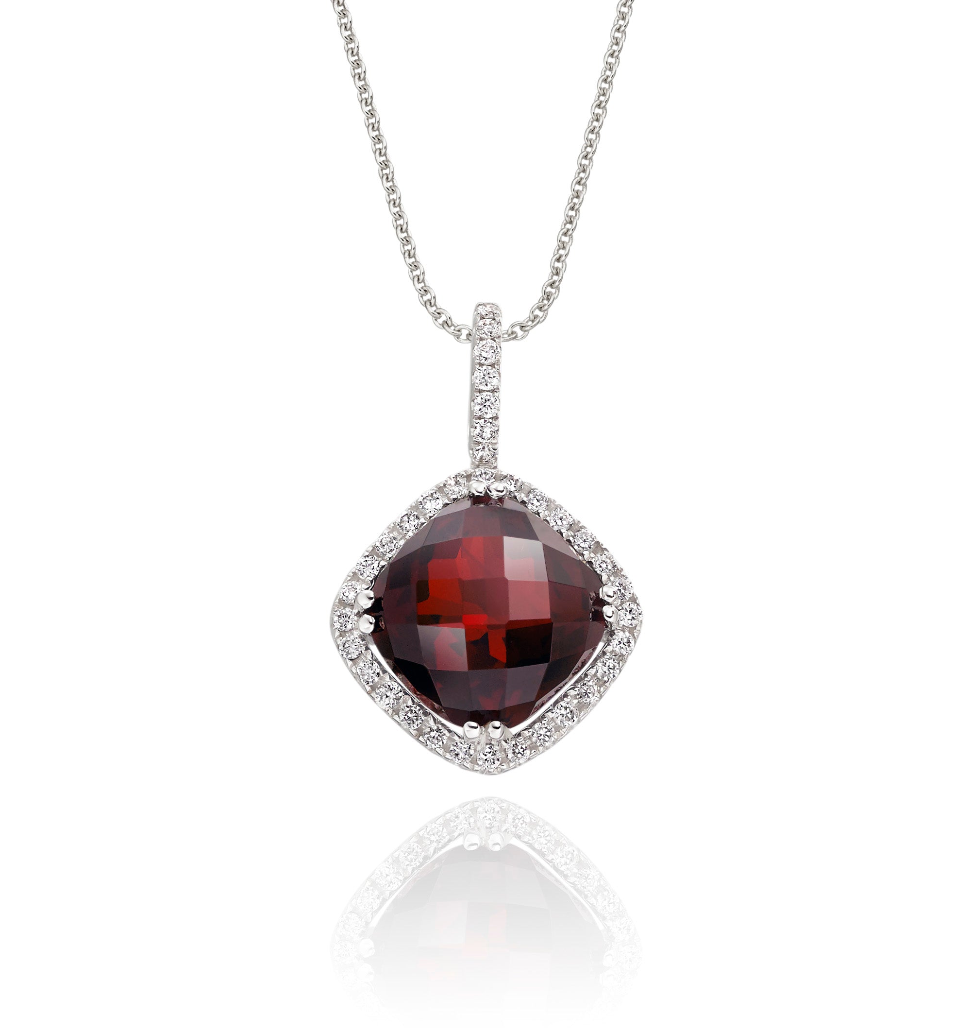 8mm x 8mm Garnet with 0.14ct Diamond pendant in 18K white gold