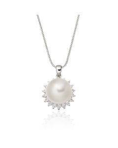 Freshwater Single Pearl Pendant 0.17ct Diamond Halo 9K White Gold