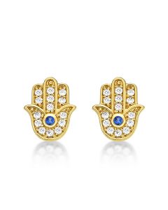 Yellow Gold Plated Sterling Silver Hamza Hand Earrings with Cubic Zirconia